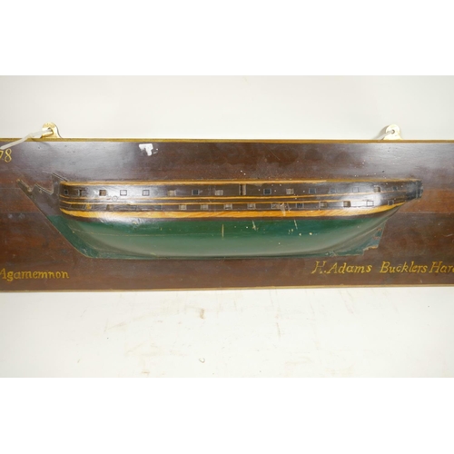 430 - A mounted half hull model of the warship Agamemnon, bears the name H. Adams Bucklers Hard, 35½