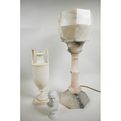 435 - An Art Deco alabaster table lamp, with original alabaster shade mounted on a column base, 21