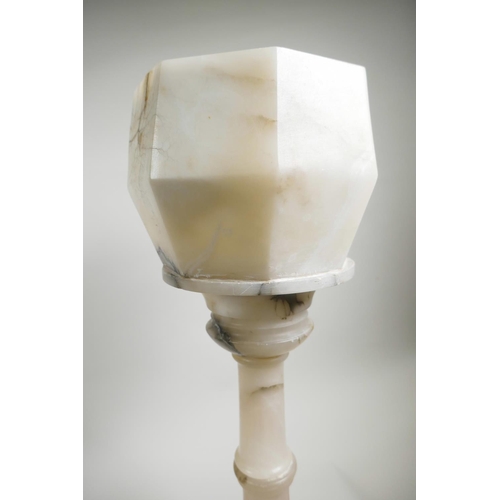 435 - An Art Deco alabaster table lamp, with original alabaster shade mounted on a column base, 21