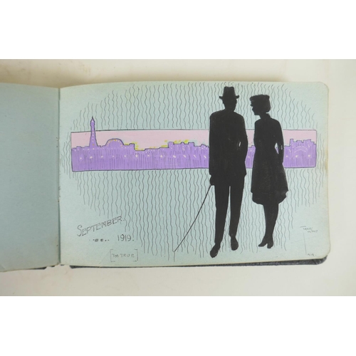 447 - An early C20th autograph book containing portrait paintings, sketches and poems