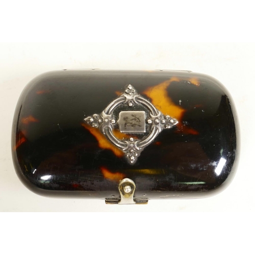 455 - A C19th tortoiseshell pocket purse with silver vacant cartouche and blue silk interior, 3