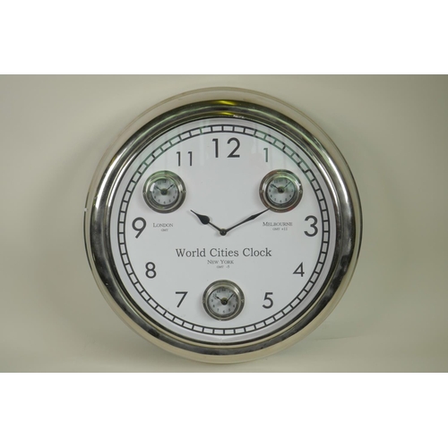 601 - A replica chrome plated 'World Cities' wall clock, 17½