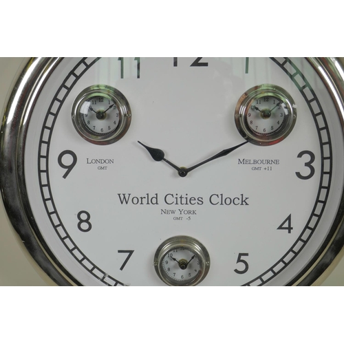 601 - A replica chrome plated 'World Cities' wall clock, 17½