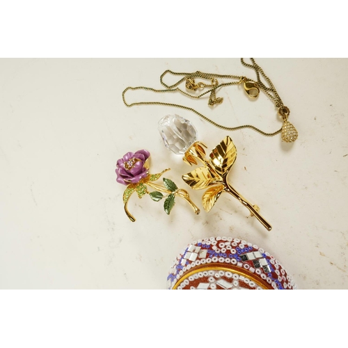 614 - Two Swarovski 'Rose' crystal and gilt flower brooches, a Swarovski pendant, and a micro-mosaic trink... 