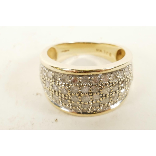 617 - A 9ct gold dress ring set with multiple small diamonds (1ct total), size 'N'