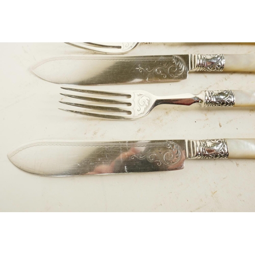 620 - A set of four American 'Gorham Silver and Silver Plate' fish knives and forks, with mother of pearl ... 