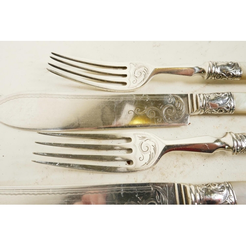 620 - A set of four American 'Gorham Silver and Silver Plate' fish knives and forks, with mother of pearl ... 