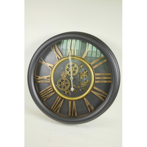 640 - A decorative wall clock with quartz movement and open gear decoration with cut out Roman numerals, 2... 