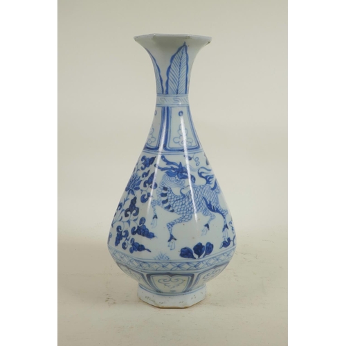 65 - A Chinese blue and white porcelain pear shaped vase of octagonal form, decorated with mythical creat... 