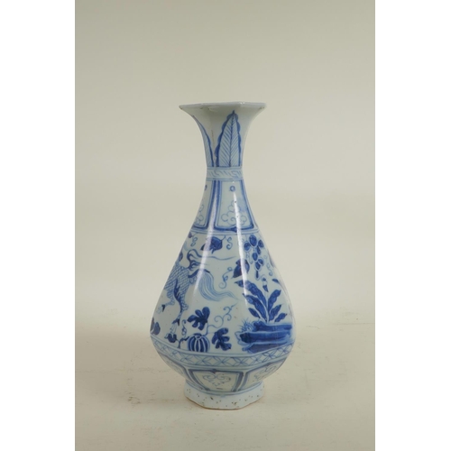 65 - A Chinese blue and white porcelain pear shaped vase of octagonal form, decorated with mythical creat... 