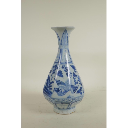 65 - A Chinese blue and white porcelain pear shaped vase of octagonal form, decorated with mythical creat... 