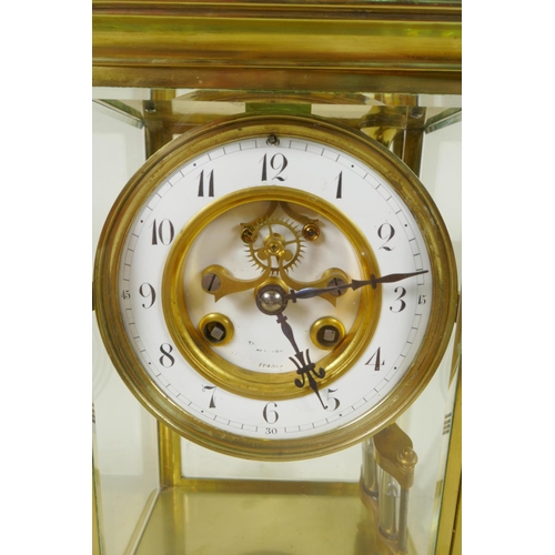 650 - A Tiffany brass cased four glass mantel clock with exposed Brocot escapement and mercury pendulum, t... 