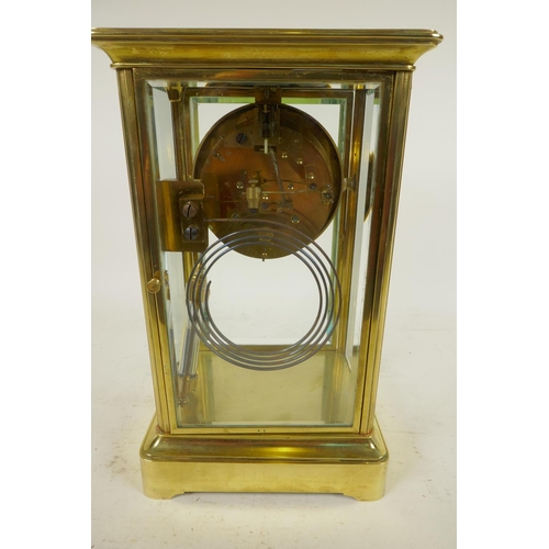 650 - A Tiffany brass cased four glass mantel clock with exposed Brocot escapement and mercury pendulum, t... 