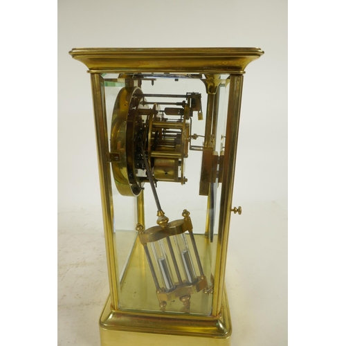 650 - A Tiffany brass cased four glass mantel clock with exposed Brocot escapement and mercury pendulum, t... 