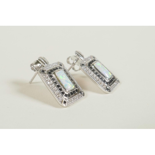 658 - A pair of silver Art Deco style earrings set with an opalite panel encircled by cubic zirconium