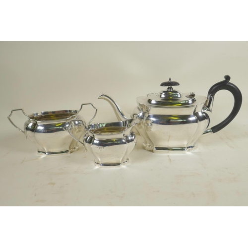 707 - A silver three piece teaset, hallmarked Sheffield 1923, gross 1196 grams