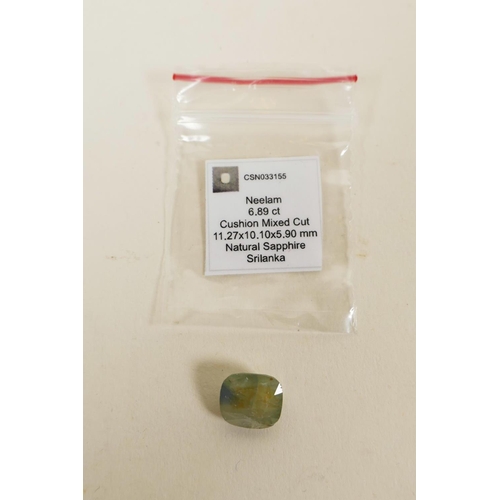 716 - A 6.89ct Sri Lankan natural sapphire, cushion mixed cut, GJSPC certified, with certificate