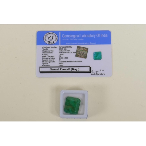 717 - An 18.55ct natural emerald, octagon step cut, colour enhanced, certified by Gemological Laboratory o... 