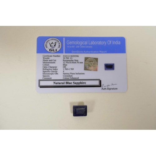 718 - A 10.70ct natural blue sapphire, rectangular step cut, colour enhanced, certified by Gemological Lab... 