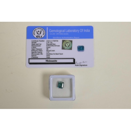 721 - A 2.30ct bluish/green moissanite, emerald cut, certified by Gemological Laboratory of India, with ce... 