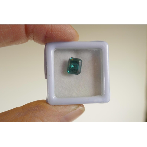 721 - A 2.30ct bluish/green moissanite, emerald cut, certified by Gemological Laboratory of India, with ce... 