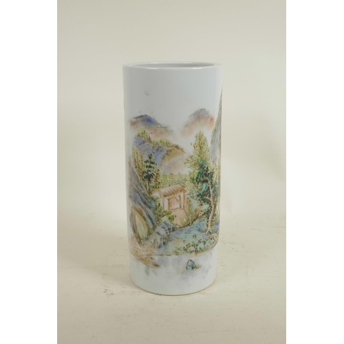 78 - A Chinese Republic porcelain cylinder vase with famille verte decoration depicting a mountain landsc... 