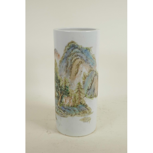 78 - A Chinese Republic porcelain cylinder vase with famille verte decoration depicting a mountain landsc... 