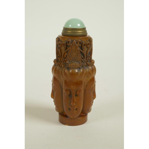 8 - A Chinese soapstone snuff bottle with carved four Buddha head decoration, 3