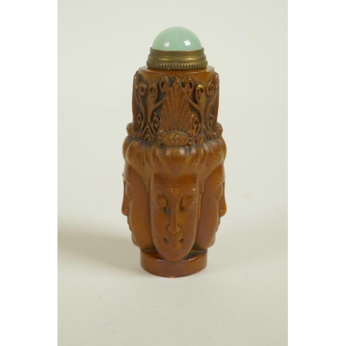 8 - A Chinese soapstone snuff bottle with carved four Buddha head decoration, 3