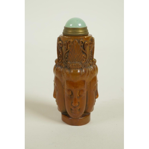 8 - A Chinese soapstone snuff bottle with carved four Buddha head decoration, 3