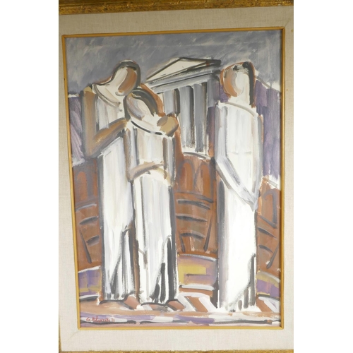 804 - A modernist oil on canvas of three figures, signed Georgio Polykratis and dated 1970, gallery label ... 