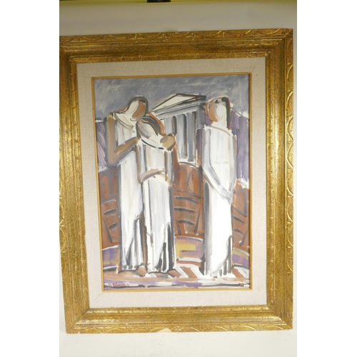 804 - A modernist oil on canvas of three figures, signed Georgio Polykratis and dated 1970, gallery label ... 