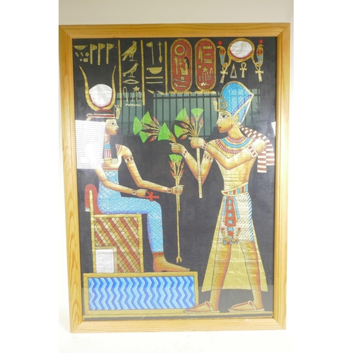 809 - A pine framed Egyptian painting on papyrus of two figures, 20½