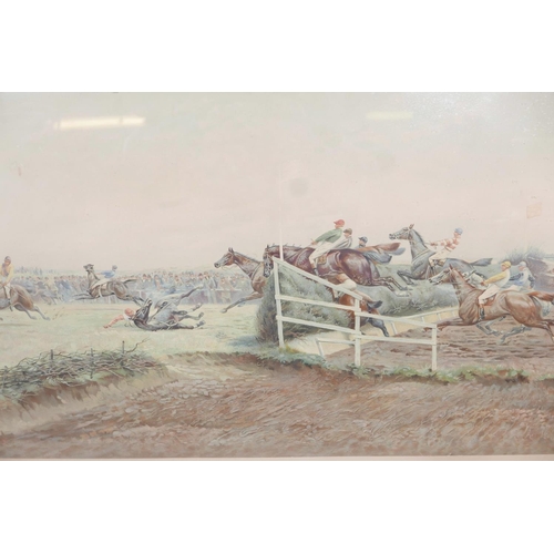 812 - After G.D. Giles, 'Horse goes down at the canal turn', chromolithograph, late C19th, in a reeded oak... 