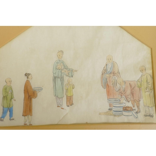 814 - A hand coloured picture of Chinese figures serving food, 14