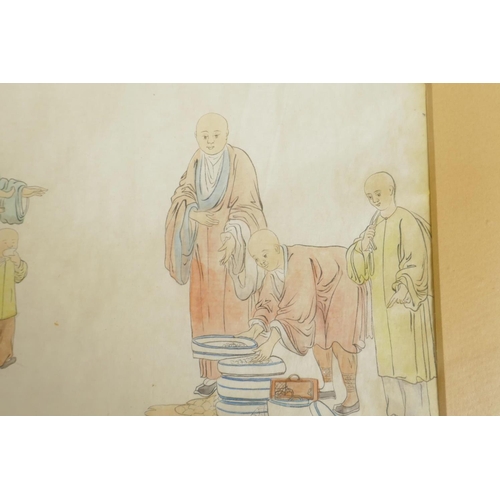 814 - A hand coloured picture of Chinese figures serving food, 14