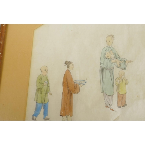 814 - A hand coloured picture of Chinese figures serving food, 14