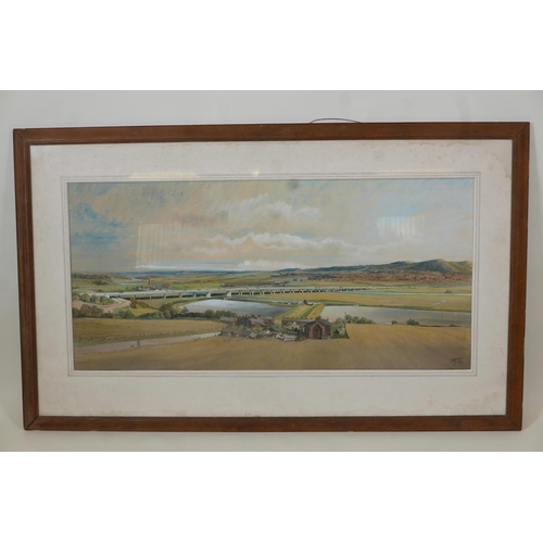 815 - John Dean Monroe Harvey, mid C20th architectural perspectivist British landscape scene with an eleva... 