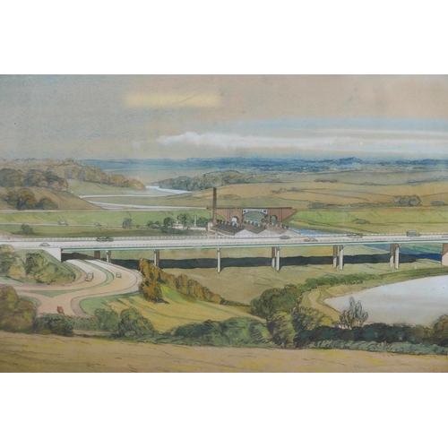 815 - John Dean Monroe Harvey, mid C20th architectural perspectivist British landscape scene with an eleva... 