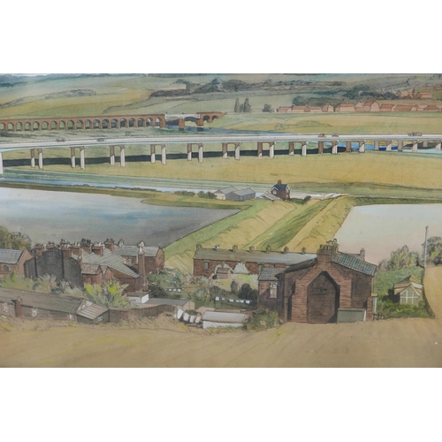 815 - John Dean Monroe Harvey, mid C20th architectural perspectivist British landscape scene with an eleva... 