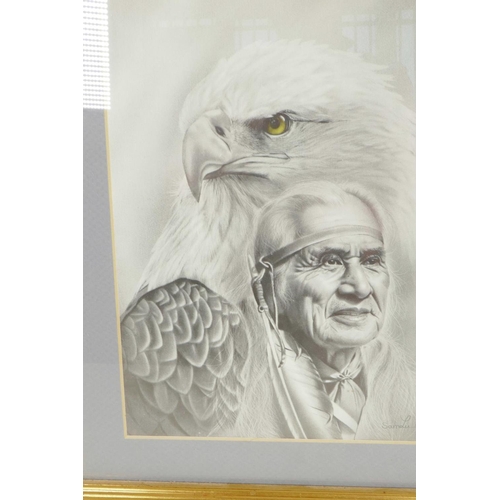 821 - A black and white print of an eagle and First Nation elder, signed Samlu 89, 7½