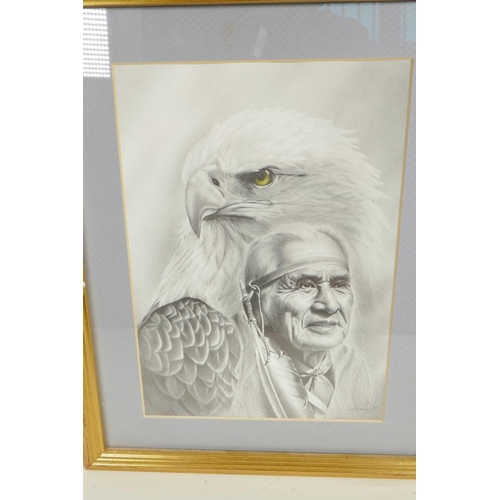 821 - A black and white print of an eagle and First Nation elder, signed Samlu 89, 7½