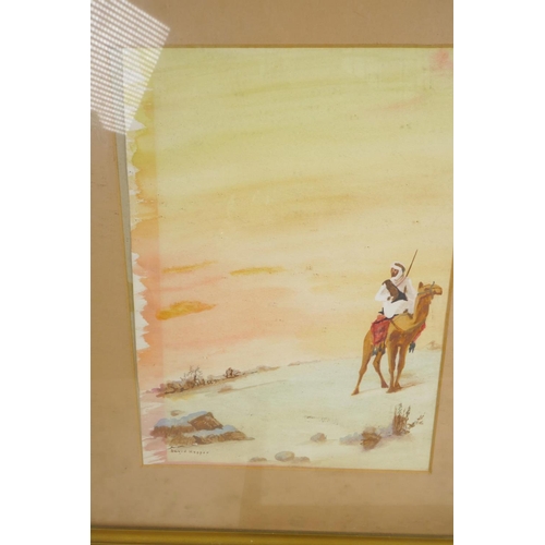 827 - Two watercolour landscapes together with a watercolour of an Arab on a camel, largest 15½