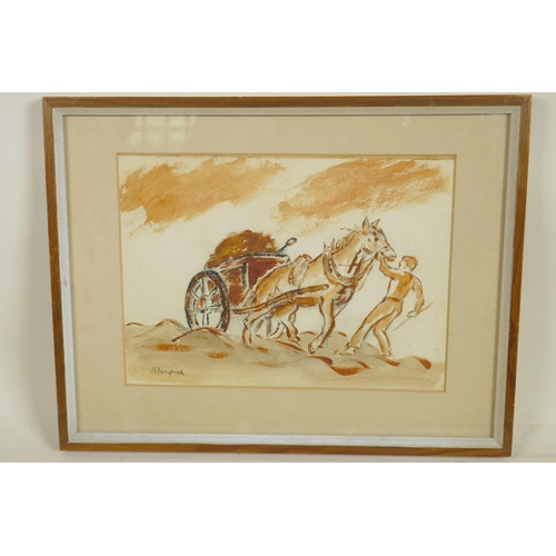 830 - Figure with a horse drawn cart, signed 'Blampied', mixed media painting on paper, 7