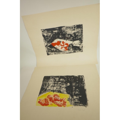 832 - Pair of unframed monotype prints, surrealist landscape, one signed 'Mednikoff', 17