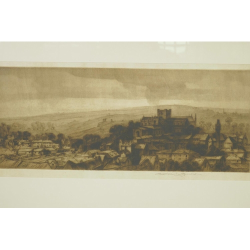 833 - Nathaniel Sparks, signed etching, view across a village to distant hills, 7½