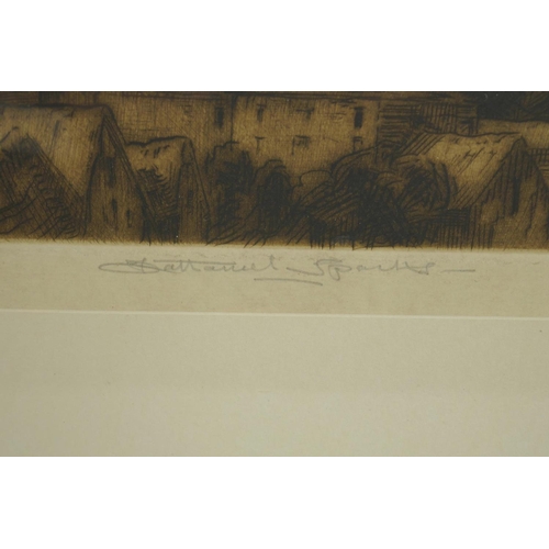 833 - Nathaniel Sparks, signed etching, view across a village to distant hills, 7½