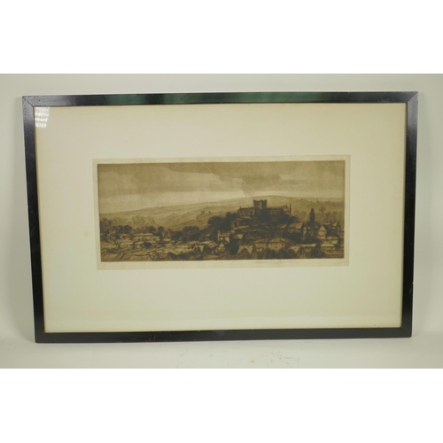 833 - Nathaniel Sparks, signed etching, view across a village to distant hills, 7½