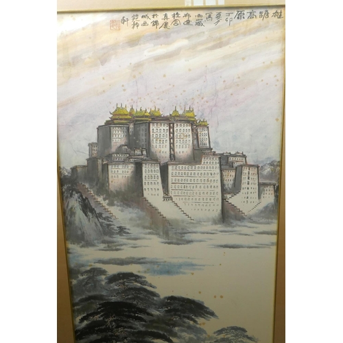 834 - A Chinese watercolour painting of a large Tibetan monastery, possibly the Potala Palace, with callig... 