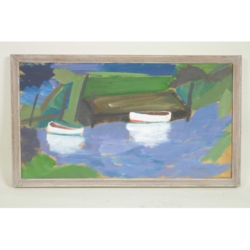 835 - Boats near a jetty, signed 'Schroder', oil on board, 10